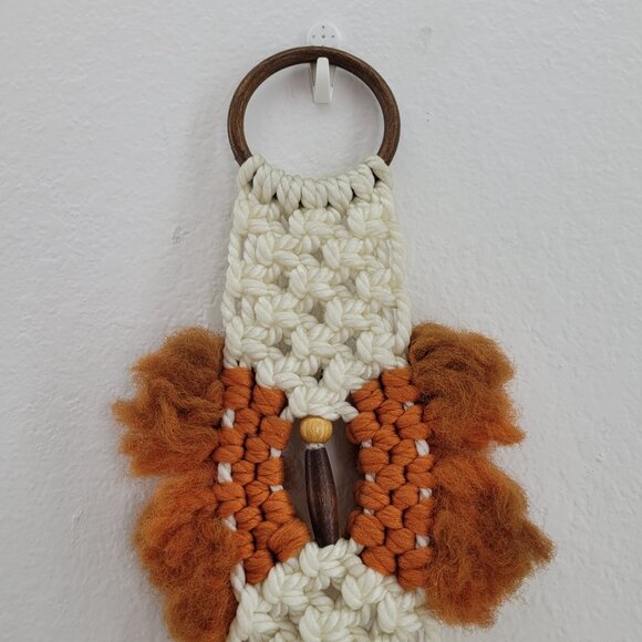 Macrame Wall Hanger with Brown Wood Hoop Off White w Rust Orange Butterfly Towel - Picture 7 of 15